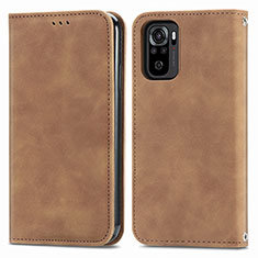 Leather Case Stands Flip Cover Holder S04D for Xiaomi Redmi Note 10S 4G Brown