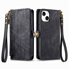 Leather Case Stands Flip Cover Holder S05D for Apple iPhone 15 Black