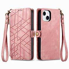 Leather Case Stands Flip Cover Holder S05D for Apple iPhone 15 Rose Gold