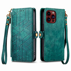 Leather Case Stands Flip Cover Holder S05D for Apple iPhone 16 Pro Green