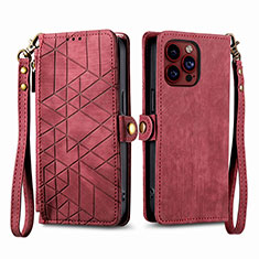 Leather Case Stands Flip Cover Holder S05D for Apple iPhone 16 Pro Max Red