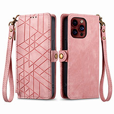 Leather Case Stands Flip Cover Holder S05D for Apple iPhone 16 Pro Rose Gold