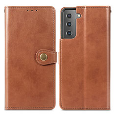 Leather Case Stands Flip Cover Holder S05D for Samsung Galaxy S21 5G Brown