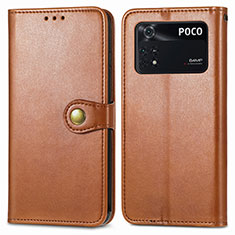 Leather Case Stands Flip Cover Holder S05D for Xiaomi Poco M4 Pro 4G Brown