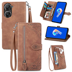 Leather Case Stands Flip Cover Holder S06D for Asus Zenfone 9 Brown