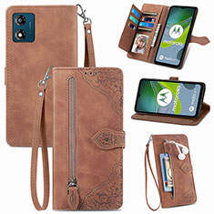 Leather Case Stands Flip Cover Holder S06D for Motorola Moto E13 Brown