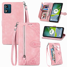 Leather Case Stands Flip Cover Holder S06D for Motorola Moto E13 Pink