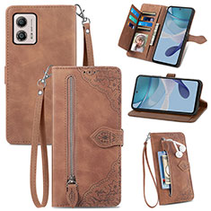 Leather Case Stands Flip Cover Holder S06D for Motorola Moto G53j 5G Brown