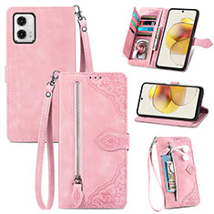 Leather Case Stands Flip Cover Holder S06D for Motorola Moto G73 5G Pink