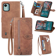 Leather Case Stands Flip Cover Holder S06D for Nokia C12 Pro Brown