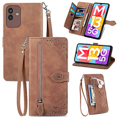 Leather Case Stands Flip Cover Holder S06D for Samsung Galaxy M13 5G Brown