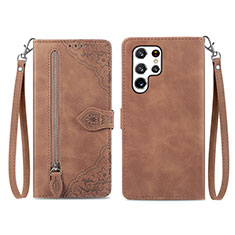 Leather Case Stands Flip Cover Holder S06D for Samsung Galaxy S23 Ultra 5G Brown