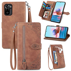 Leather Case Stands Flip Cover Holder S06D for Xiaomi Redmi Note 10 4G Brown