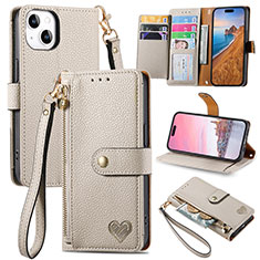 Leather Case Stands Flip Cover Holder S07D for Apple iPhone 15 Gray