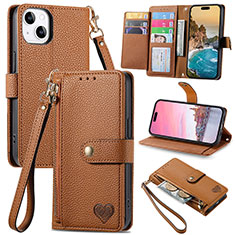 Leather Case Stands Flip Cover Holder S07D for Apple iPhone 15 Plus Brown