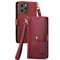 Leather Case Stands Flip Cover Holder S07D for Apple iPhone 15 Pro Max Red