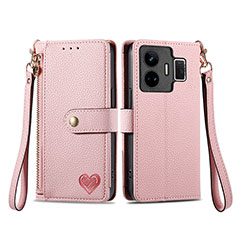 Leather Case Stands Flip Cover Holder S07D for Realme GT5 5G Pink