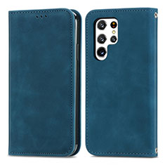 Leather Case Stands Flip Cover Holder S07D for Samsung Galaxy S22 Ultra 5G Blue