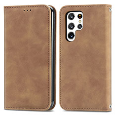 Leather Case Stands Flip Cover Holder S07D for Samsung Galaxy S22 Ultra 5G Brown