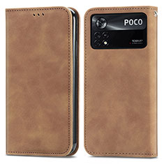 Leather Case Stands Flip Cover Holder S08D for Xiaomi Poco X4 Pro 5G Brown