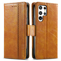 Leather Case Stands Flip Cover Holder S10D for Samsung Galaxy S24 Ultra 5G Light Brown