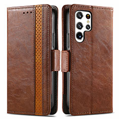 Leather Case Stands Flip Cover Holder S10D for Samsung Galaxy S25 Ultra 5G Brown