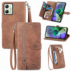 Leather Case Stands Flip Cover Holder S14D for Motorola Moto G54 5G Brown