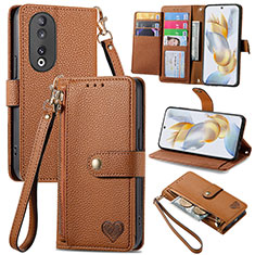 Leather Case Stands Flip Cover Holder S15D for Huawei Honor 90 5G Brown