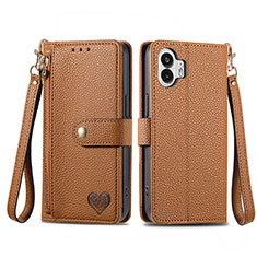 Leather Case Stands Flip Cover Holder S15D for Nothing Phone 2 Brown