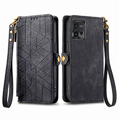 Leather Case Stands Flip Cover Holder S17D for Motorola Moto G72 Black