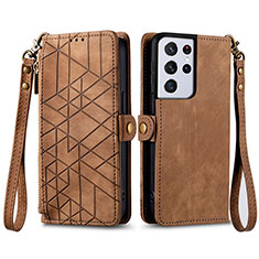 Leather Case Stands Flip Cover Holder S17D for Samsung Galaxy S22 Ultra 5G Brown