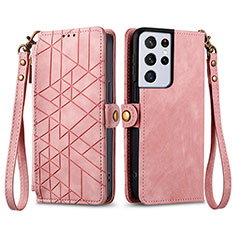 Leather Case Stands Flip Cover Holder S17D for Samsung Galaxy S24 Ultra 5G Pink