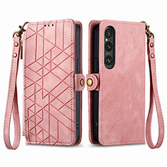 Leather Case Stands Flip Cover Holder S17D for Sony Xperia 1 V Pink