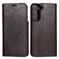 Leather Case Stands Flip Cover Holder T01D for Samsung Galaxy S22 Plus 5G Brown
