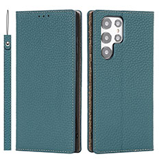 Leather Case Stands Flip Cover Holder T02D for Samsung Galaxy S21 Ultra 5G Cyan