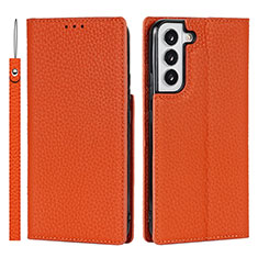 Leather Case Stands Flip Cover Holder T02D for Samsung Galaxy S22 Plus 5G Orange