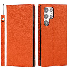 Leather Case Stands Flip Cover Holder T02D for Samsung Galaxy S23 Ultra 5G Orange