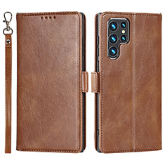 Leather Case Stands Flip Cover Holder T05D for Samsung Galaxy S21 Ultra 5G Brown