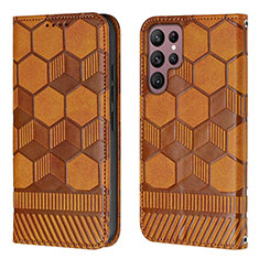 Leather Case Stands Flip Cover Holder Y01B for Samsung Galaxy S22 Ultra 5G Light Brown