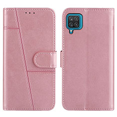 Leather Case Stands Flip Cover Holder Y01X for Samsung Galaxy F12 Rose Gold