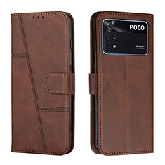 Leather Case Stands Flip Cover Holder Y01X for Xiaomi Poco M4 Pro 4G Brown