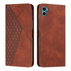 Leather Case Stands Flip Cover Holder Y02X for Motorola Moto E22S Brown