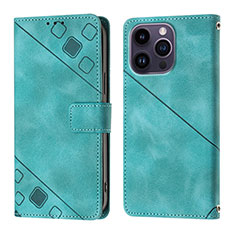 Leather Case Stands Flip Cover Holder Y05B for Apple iPhone 16 Pro Max Cyan