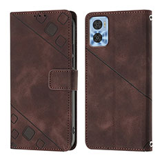 Leather Case Stands Flip Cover Holder YB1 for Motorola Moto E22 Brown