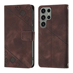 Leather Case Stands Flip Cover Holder YB1 for Samsung Galaxy S24 Ultra 5G Brown