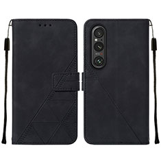 Leather Case Stands Flip Cover Holder YB2 for Sony Xperia 1 V Black