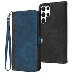 Leather Case Stands Flip Cover Holder YX1 for Samsung Galaxy S22 Ultra 5G Blue
