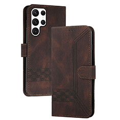 Leather Case Stands Flip Cover Holder YX4 for Samsung Galaxy S25 Ultra 5G Brown