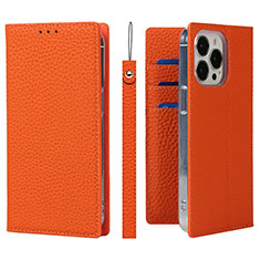 Leather Case Stands Flip Cover L09 Holder for Apple iPhone 13 Pro Orange