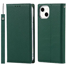 Leather Case Stands Flip Cover L09 Holder for Apple iPhone 15 Green